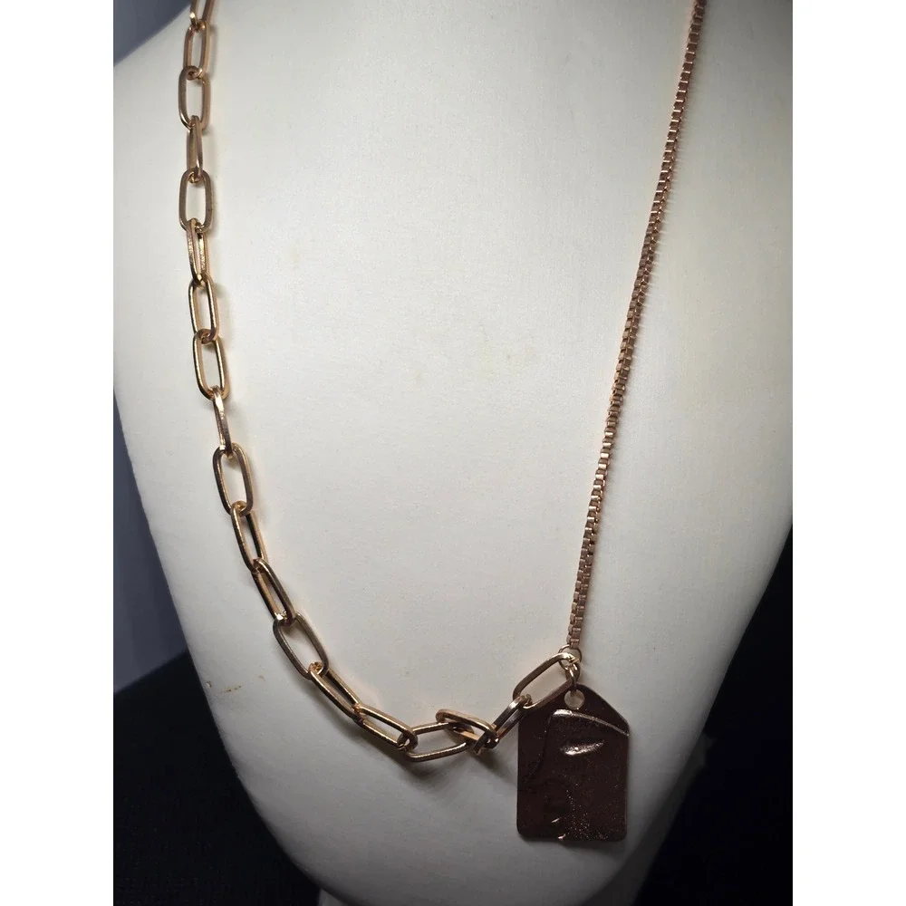 Rose Gold tone Mixed Chain Necklace Paperclip Box Link Abstract Face Pendant Tag